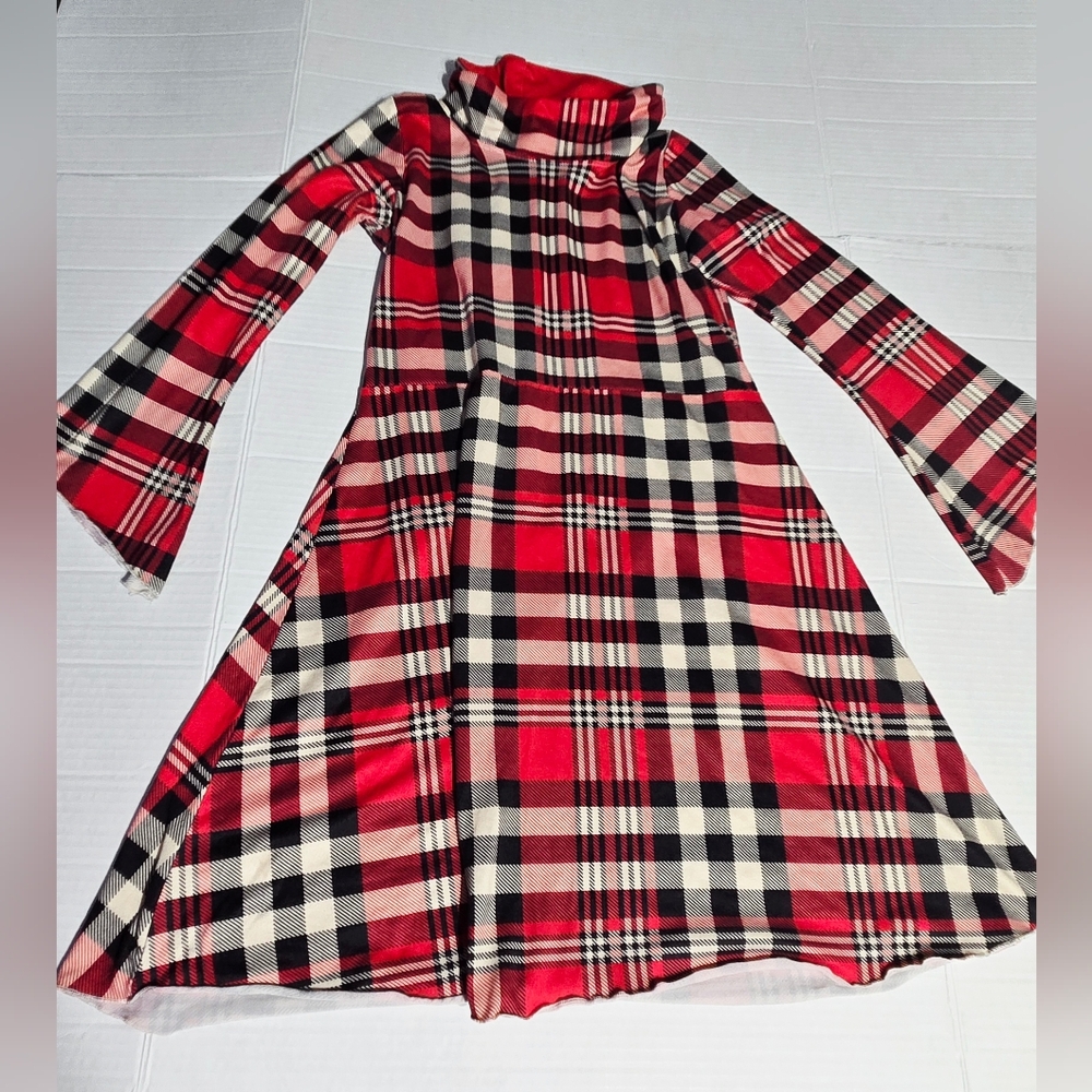 Christmas Plaid Holiday Dress Girls 7Y-8Y Bell Sleeve